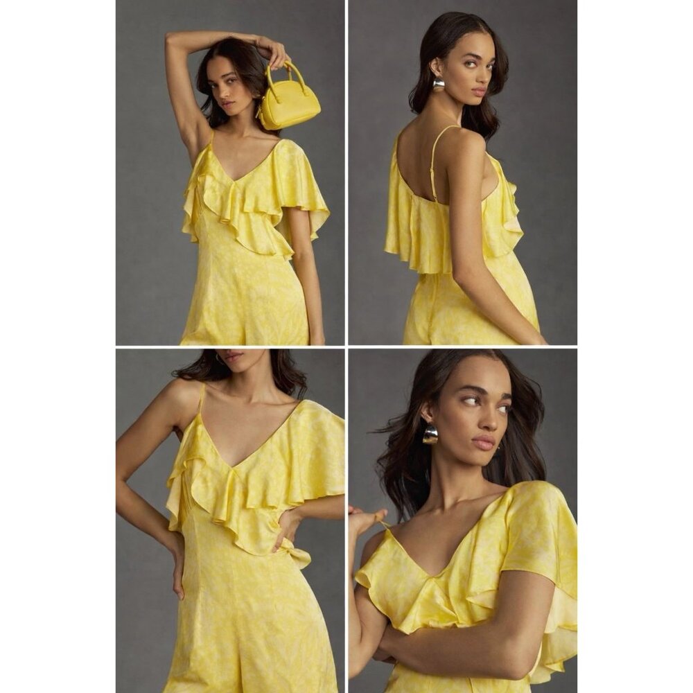 Anthropologie L Corey Lynn Calter One-Shoulder Ruffle Shorts Romper Yellow NWT